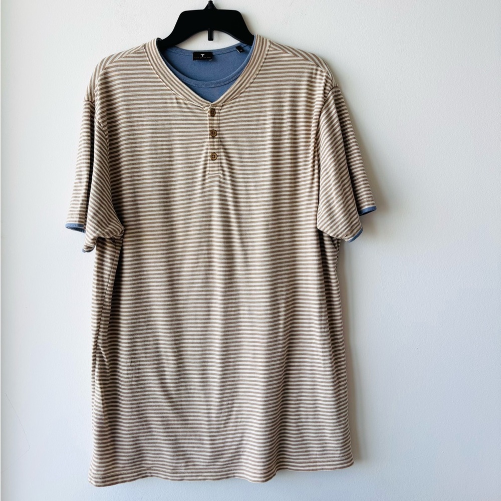 𝅺Left Coast Tee Henley Shirt Stripe Short Sleeve Cotton Reversible Mens M Preppy